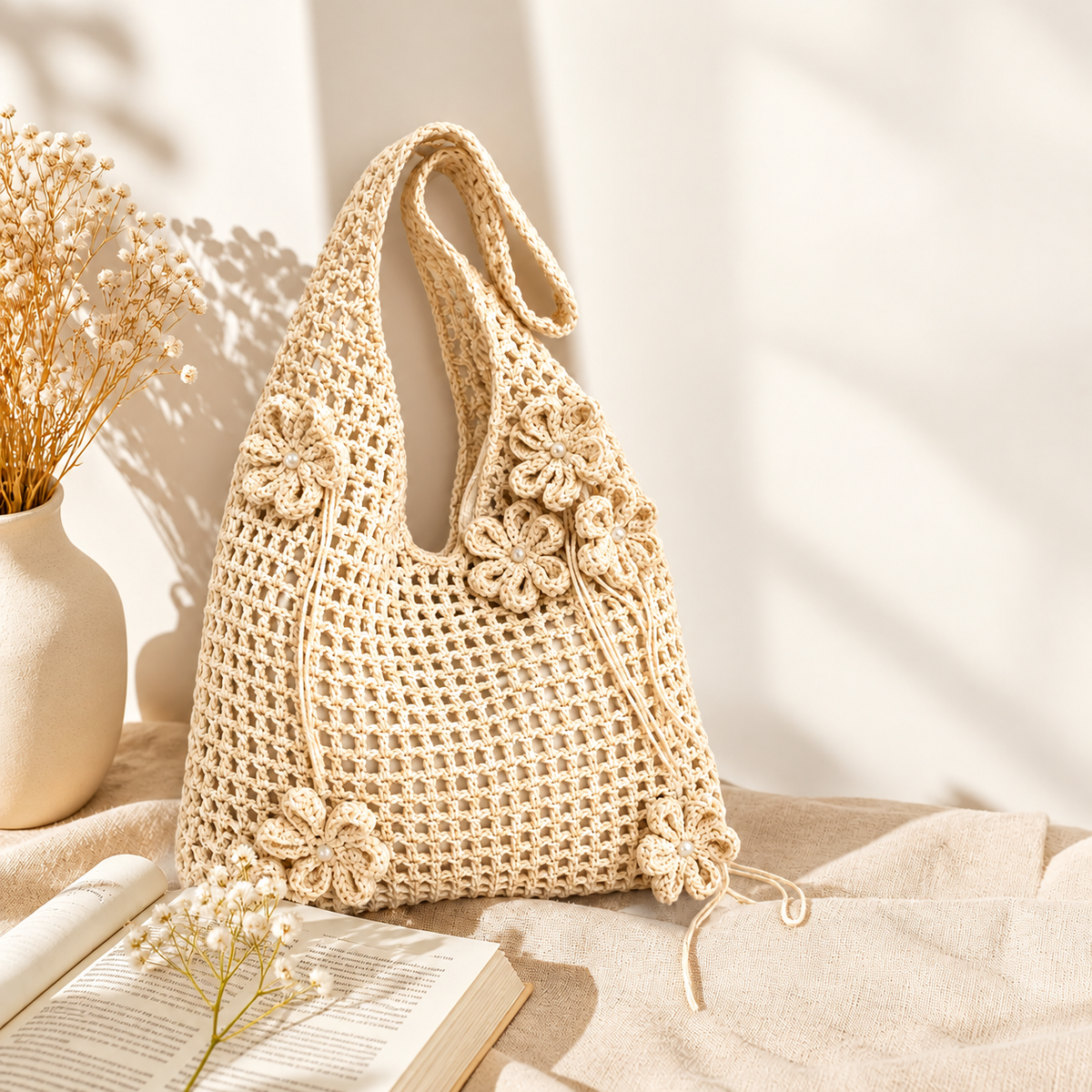 Floral Crochet Summer Tote Shoulder Bag