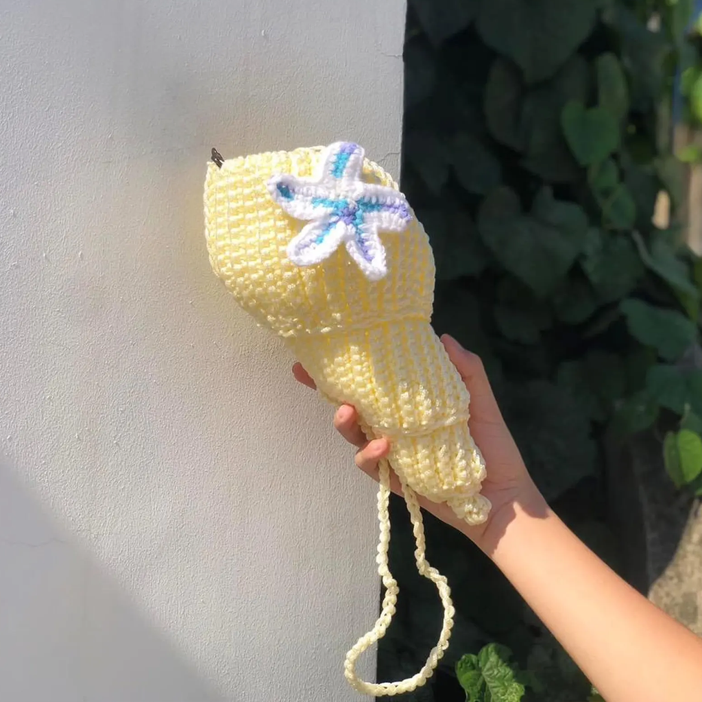 Seashell Shaped Crochet Crossbody Bag With Starfish Ornament Shoulder Bag