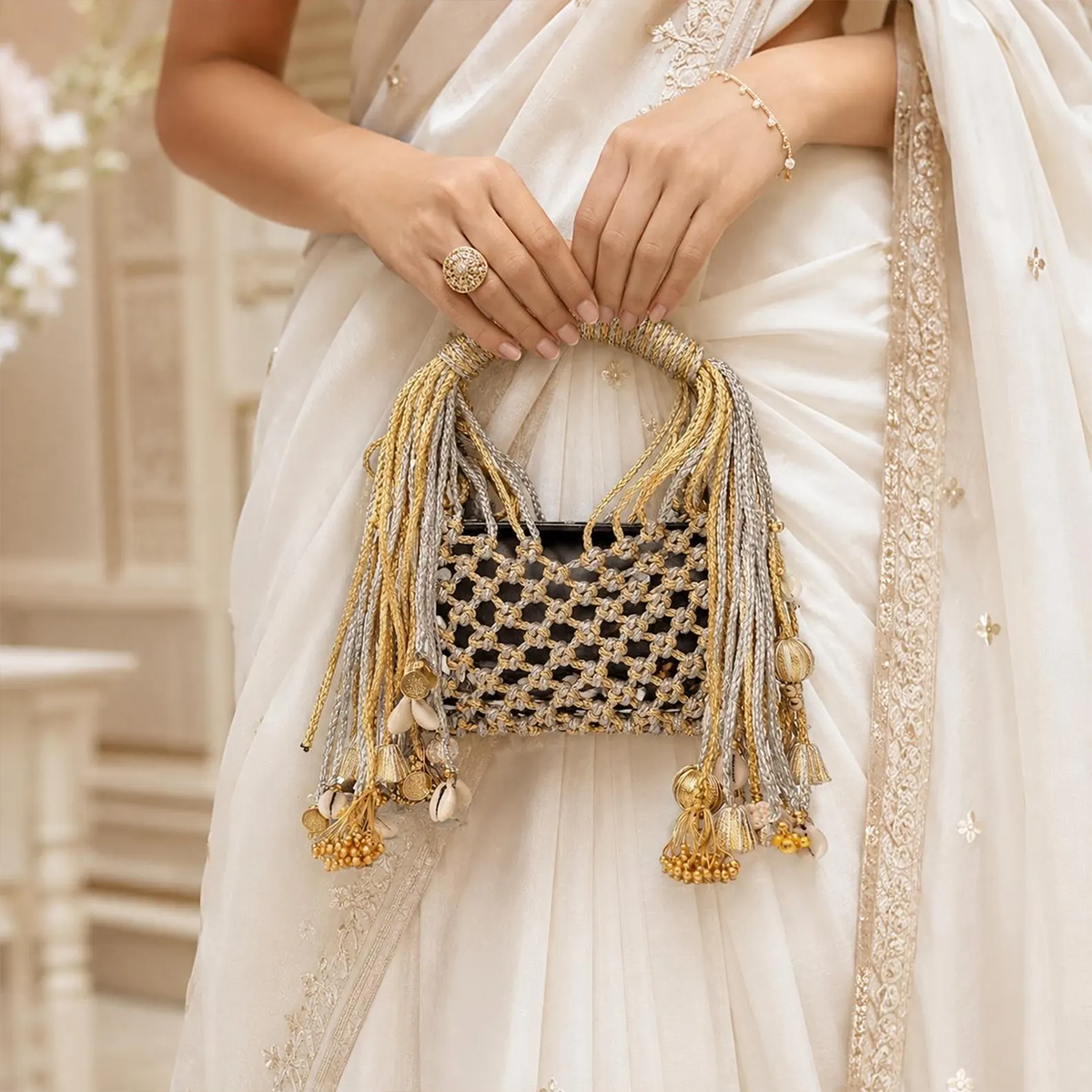 Gold Silver Macramé Handbag With Cowrie Shell Tassels For Festive Events Shoulder Bag