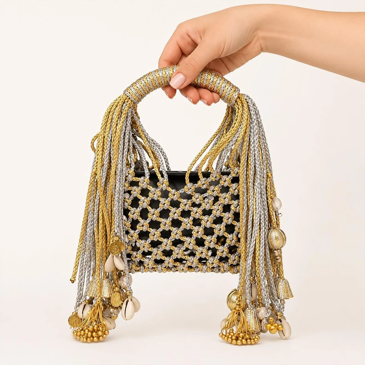 Gold Silver Macramé Handbag With Cowrie Shell Tassels For Festive Events Shoulder Bag