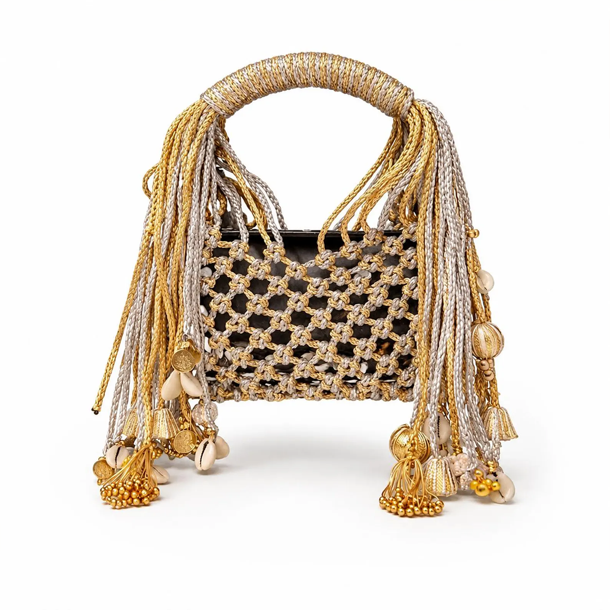 Gold Silver Macramé Handbag With Cowrie Shell Tassels For Festive Events Shoulder Bag